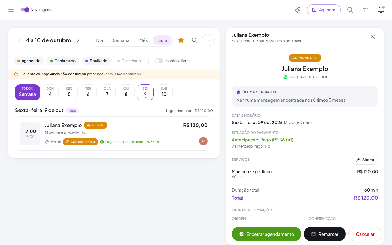 Detalhe do agendamento com a antecipação paga via Mercado Pago por Pix.