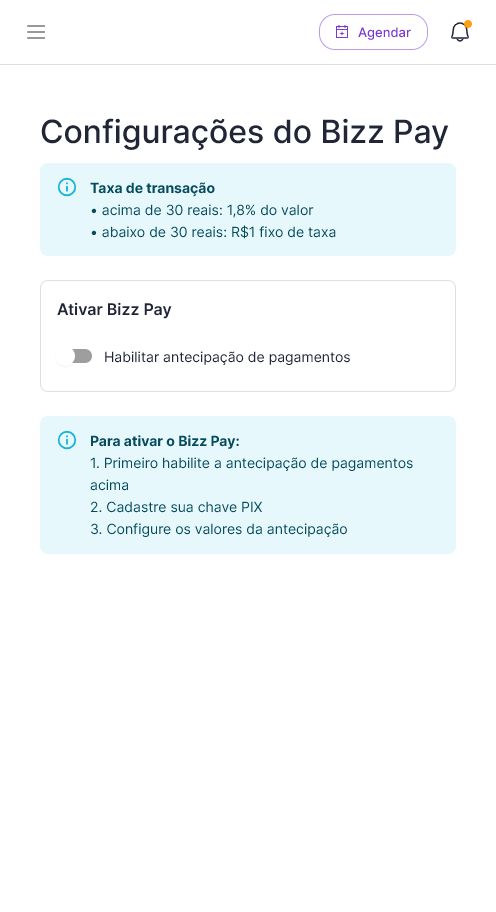 Tela inicial de ativação do Bizz Pay