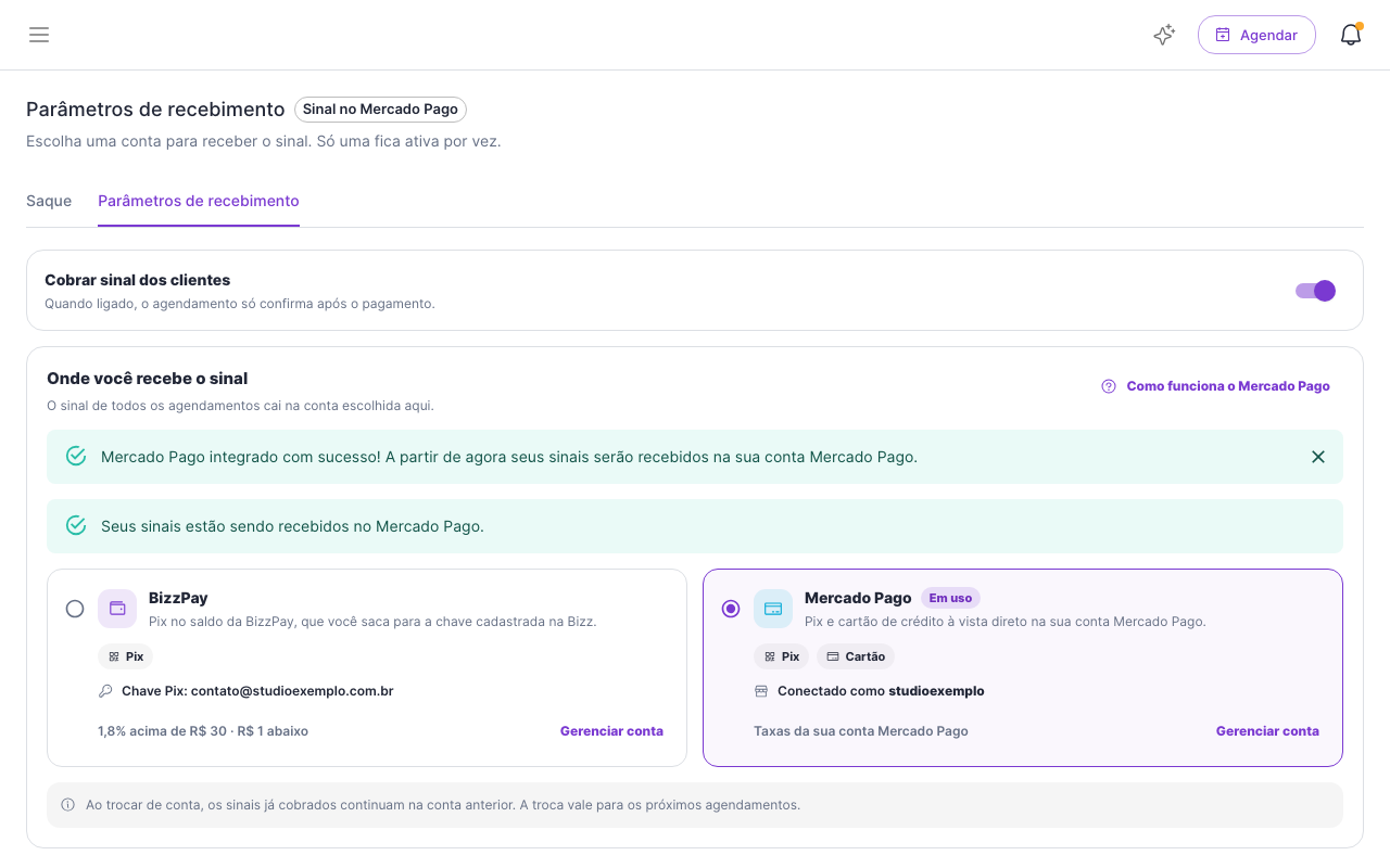 Mercado Pago conectado e em uso, com a mensagem de sucesso.