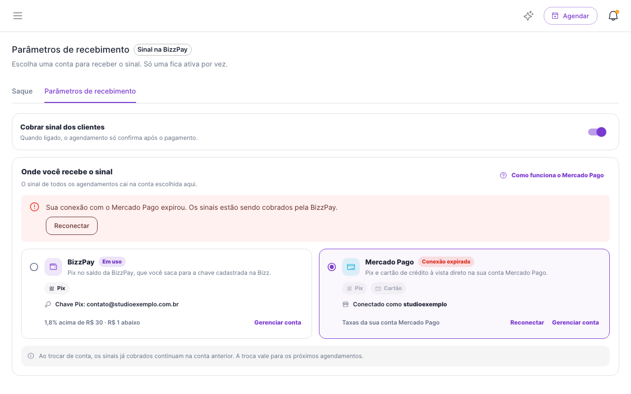 Alerta de conexão expirada, com os sinais na BizzPay e o botão Reconectar.