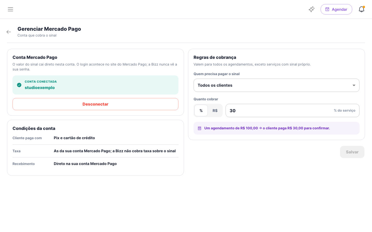 Tela Gerenciar Mercado Pago, com a conta conectada, as regras de cobrança e as condições.