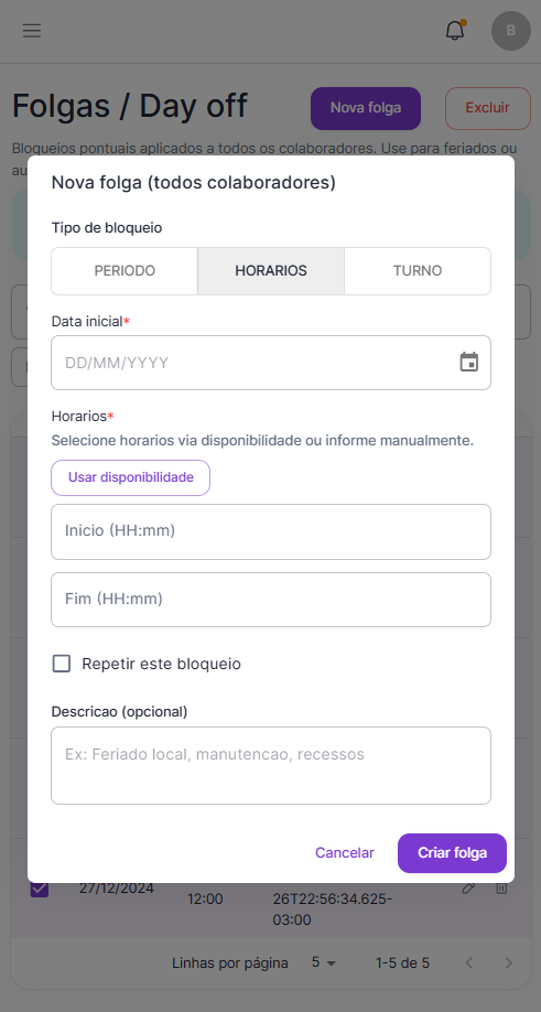 Bloqueio por horários específicos