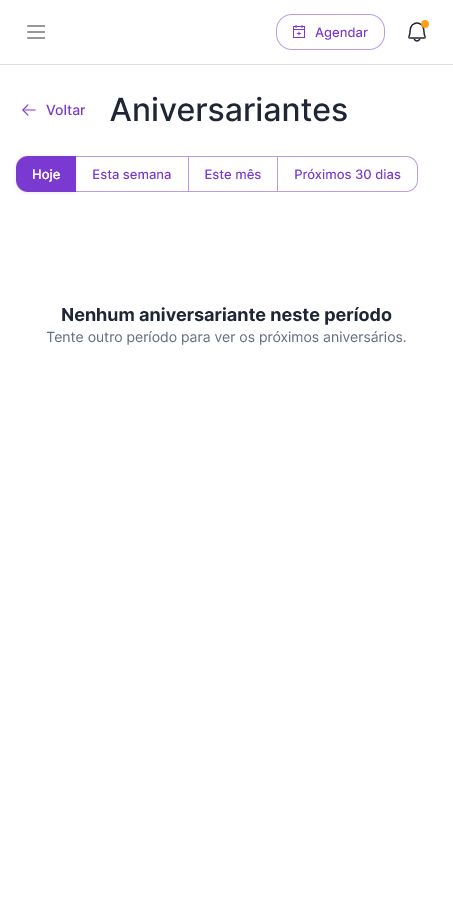 Tela de aniversariantes