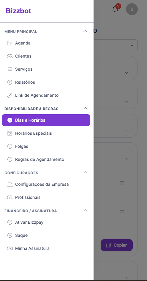 Menu com a opcao Dias e Horarios