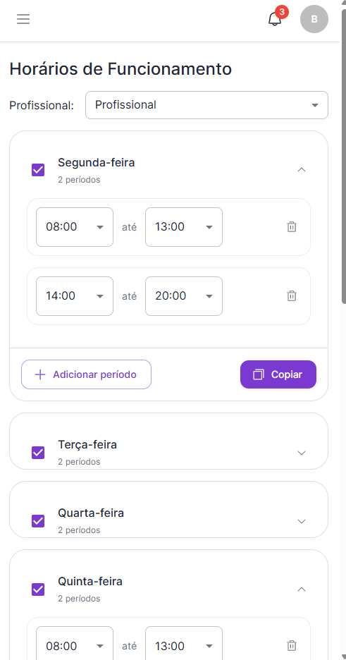 Tela de horarios com periodos de atendimento