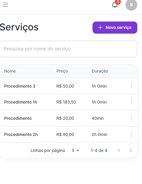 Tela de cadastro de serviço