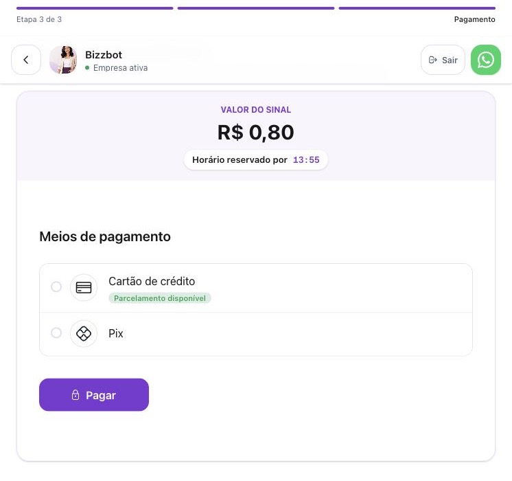 Pagamento do sinal no agendamento online, com o contador da reserva e as opções Pix e cartão.